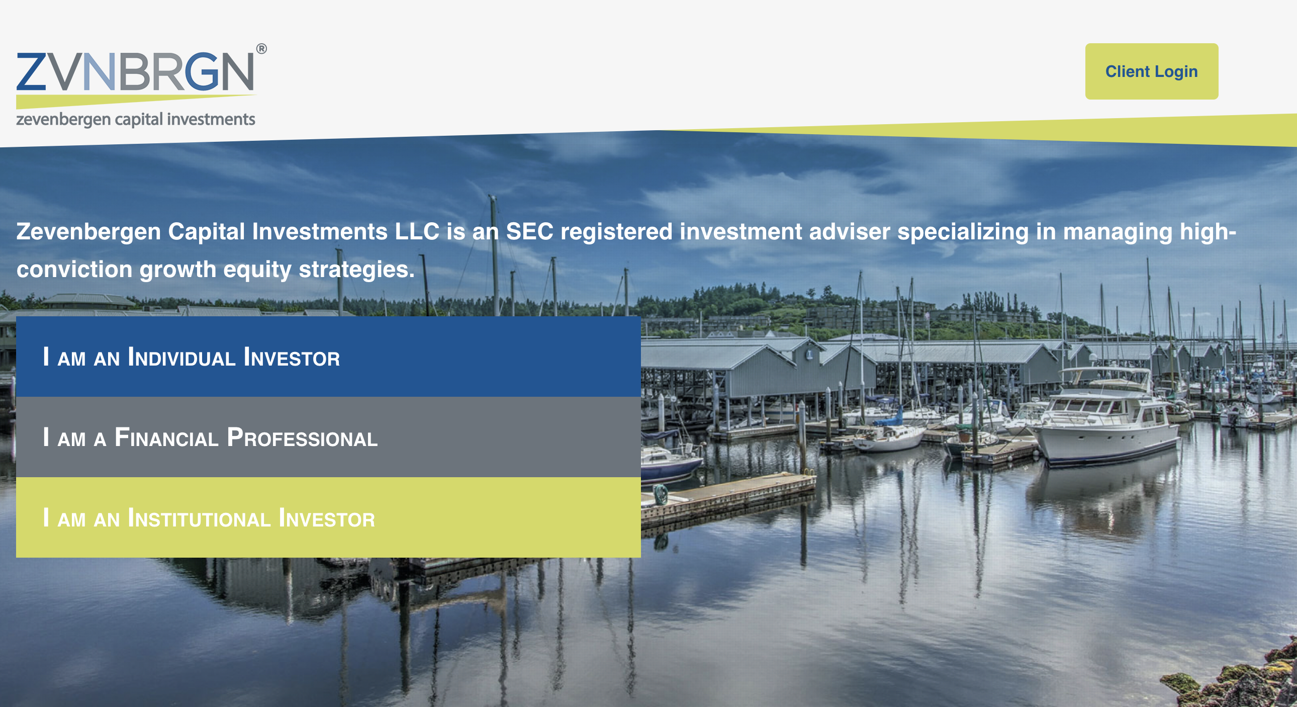 A marina with docked boats and trees in the background. Text overlays describe Zevenbergen Capital Investments and three investor options: Individual, Financial Professional, and Institutional. “Client Login” button is at the top right.